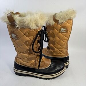 Women's Tan Sorel Winter Boots Faux Fur Lined Quilted Lace-Up Size 8.5